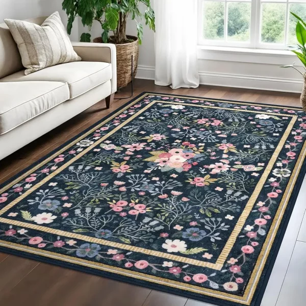 5x7 Washable Non-Slip Floral Boho Area Rug, Soft Lightweight Carpet for Living Room, Bedroom, Dining Room, and Office, Blue/Mult